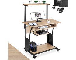 tectake® Verrijdbaar bureau met meerdere niveaus - Houten computertafel in industrieel design - Uittrekbaar toetsenbord - Bureau met wielen - Zwart metalen frame - Afmeting (LxBxH) 80 x 65,5 x 130,5 cm - Lichtbruin