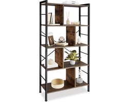 tectake® Wandkast – Boekenkast met 4 Niveaus – Industriële Houten Boekenkast met Zwart Metaal Frame – 155 x 74 x 30 cm – Open Opbergmeubel voor Woonkamer, Slaapkamer & Kantoor - donkerbruin
