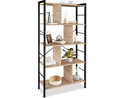 tectake® Wandkast – Boekenkast met 4 Niveaus – Industriële Houten Boekenkast met Zwart Metaal Frame – 155 x 74 x 30 cm – Open Opbergmeubel voor Woonkamer, Slaapkamer & Kantoor - lichtbruin