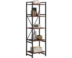 tectake® - Wandkast boekenkast met 5 planken en stalen frame voor boeken, bloemen, ornamenten, industriële stelling voor woonkamermeubilair, kantooropslag, slaapkamer - donkerbruin