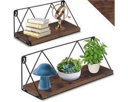 tectake® Wandplanken - Hangplank van hout met draadframe - Boekenplank - Zwevende planken voor woonkamer, slaapkamer, kantoor - Industrieel design - Zwart metalen frame - Afmeting (LxBxH) 33,5x13x13 en 41x13x14,5 cm - Set van 2 planken - Donkerbruin