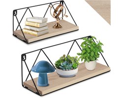 tectake® Wandplanken - Hangplank van hout met draadframe - Boekenplank - Zwevende planken voor woonkamer, slaapkamer, kantoor - Industrieel design - Zwart metalen frame - Afmeting (LxBxH) 33,5x13x13 en 41x13x14,5 cm - Set van 2 planken - Lichtbruin