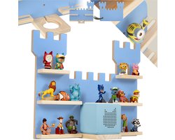 tectake® Wandrek MyLittleStory Fortress - Wandplank - Speelgoedkast - Speelgoedrek voor 28 Tonies - Toniebox figuren - Massief hout met Magneetstrepen - Letterbak Hout - Display - Kasteelvorm - Blauw