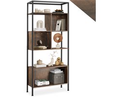 tectake® Wandrek wandkast met 5 Niveaus - 75 x 31 x 170,5 cm - Boekenkast met Opbergvakken - voor Woonkamer, Keuken, Kantoor - Zwart Metalen Frame (donkerbruin )
