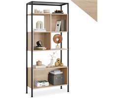 tectake® Wandrek wandkast met 5 Niveaus - 75 x 31 x 170,5 cm - Boekenkast met Opbergvakken - voor Woonkamer, Keuken, Kantoor - Zwart Metalen Frame (Industrieel Licht Hout, Sonoma Eiken)