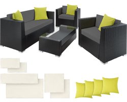tectake® Wicker aluminium tuinloungeset - Weerbestendig - Salontafel met glazen blad - Loungemeubel met 2 kleuren hoezensets - Bank - Fauteuil en tafel - Inclusief zit- en rugkussens - Zwart