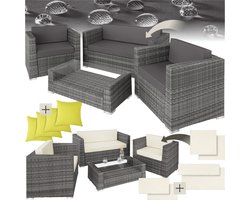 tectake® Wicker aluminium tuinloungeset - Weerbestendig - Salontafel met glazen blad - Loungemeubel met 2 kleuren hoezensets - Bank - Fauteuil en tafel - Inclusief zit- en rugkussens - Grijs