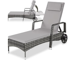 tectake® Wicker Ligbed - Compact Rubberen Wielen - Armleuningen - Rugleuning Verstelbaar in 6 standen - Tuinstoel Incl. lig- en hoofdkussen - Weerbestendig Zonnebed - Grijs