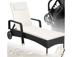 tectake® Wicker Ligbed - Compact Rubberen Wielen - Armleuningen - Rugleuning Verstelbaar in 6 standen - Tuinstoel Incl. lig- en hoofdkussen - Weerbestendig Zonnebed - Zwart/Beige