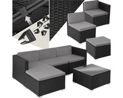tectake® Wicker lounge - Tuinmeubelset voor buiten met bank, fauteuil, kruk en tafel - Variabel combineerbaar - Weerbestendig meubilair - Voor 3-4 personen - Balkonmeubilair - Tuinlounge - Terrasmeubilair - Zwart