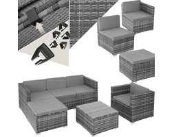 tectake® Wicker lounge - Tuinmeubelset voor buiten met bank, fauteuil, kruk en tafel - Variabel combineerbaar - Weerbestendig meubilair - Voor 4-5 personen - Balkonmeubilair - Tuinlounge - Terrasmeubilair - Grijs