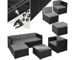 tectake® Wicker lounge - Tuinmeubelset voor buiten met bank, fauteuil, kruk en tafel - Variabel combineerbaar - Weerbestendig meubilair - Voor 4-5 personen - Balkonmeubilair - Tuinlounge - Terrasmeubilair - Zwart