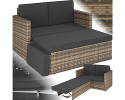 tectake® Wicker loungebank - Met voetenbank - Voor 2 personen - Loungebank met zit- en rugkussens - Weerbestendig - Ideaal voor terras, serren en balkon- Afmeting bank (LxBxH) 119 x 64,5 x 71,5 cm - Natuur