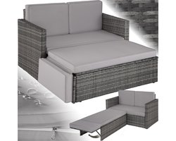 tectake® Wicker loungebank - Met voetenbank - Voor 2 personen - Loungebank met zit- en rugkussens - Weerbestendig - Ideaal voor terras, serren en balkon- Afmeting bank (LxBxH) 119 x 64,5 x 71,5 cm - Grijs