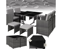 tectake® -wicker loungemeubelset zitgroep - 4x stoelen, 1x tafel, 4x krukken - weerbestendig en ruimtebesparend - inclusief beschermhoes - outdoor wicker tuinmeubelen voor balkon, tuin en terras - grijs - poly-rattan