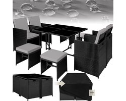 tectake® -wicker loungemeubelset zitgroep - 4x stoelen, 1x tafel, 4x krukken - weerbestendig en ruimtebesparend - inclusief beschermhoes - outdoor wicker tuinmeubelen voor balkon, tuin en terras - zwart/grijs