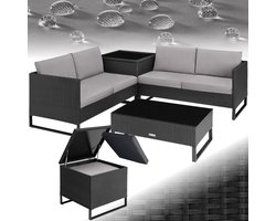 tectake® Wicker Loungeset - 4 Personen - Tuinmeubelset met Tuinbank - Tuintafel met Glazen Blad - Inclusief Opbergbox - Weerbestendig - Tuinset - Balkonsets - Tuinmeubelen - Modulair - Zwart