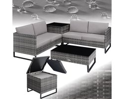 tectake® Wicker Loungeset - 4 Personen - Tuinmeubelset met Tuinbank - Tuintafel met Glazen Blad - Inclusief Opbergbox - Weerbestendig - Tuinset - Balkonsets -Tuinmeubelen - Modulair - Grijs