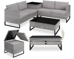 tectake® Wicker Loungeset - 4 Personen - Tuinmeubelset met Tuinbank - Tuintafel met Glazen Blad - Inclusief Opbergbox - Weerbestendig - Tuinset - Balkonsets - Tuinmeubelen - Modulair - Grijs Gestreept