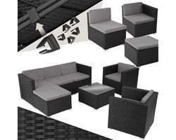 tectake® wicker Loungeset, buitenzitgroep, set met bank, 2 fauteuils, kruk, tafel, vrij combineerbaar, tuinmeubelen voor 5-6 personen, voor tuin, terras, balkon, inclusief kussens - zwart - poly-rattan