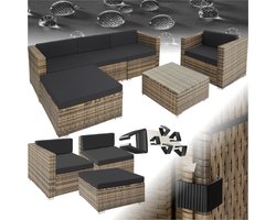 tectake® - Wicker loungeset Milano, luxe buitentuinmeubel inclusief zit- en rugkussens, balkonmeubel tuinmeubelset met bank, fauteuil en tafel met glasplaat - natuurkleur