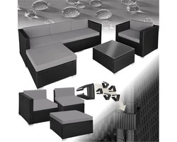 tectake® - Wicker Loungeset Milano - Luxe Buitentuinmeubel Inclusief Zit- en Rugkussens - Balkonmeubel/Polyrotan Tuinmeubelset met Bank, Fauteuil en Tafel - Zwart/Grijs - Poly-Rattan