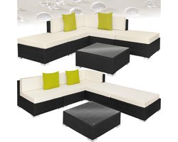 tectake® Wicker loungeset - Modulaire elementen - Voor 5 personen - Loungebank met zit- en rugkussens en sierkussens - Inclusief tafel met glazen plaat - Weerbestendig - Afmeting tafel (LxBxH) 70 x 70 x 26 cm - Zwart