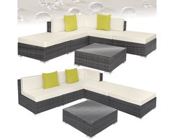 tectake® Wicker loungeset - Modulaire elementen - Voor 5 personen - Loungebank met zit- en rugkussens en sierkussens - Inclusief tafel met glazen plaat - Weerbestendig - Afmeting tafel (LxBxH) 70 x 70 x 26 cm - Grijs