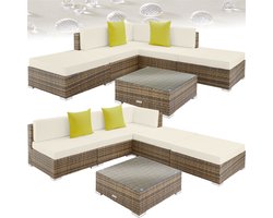 tectake® Wicker loungeset - Modulaire elementen - Voor 5 personen - Loungebank met zit- en rugkussens en sierkussens - Inclusief tafel met glazen plaat - Weerbestendig - Afmeting tafel (LxBxH) 70 x 70 x 26 cm - Natuur