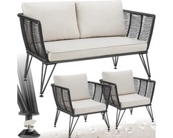 tectake® Wicker loungeset - Tuinmeubelset met bank en 2 fauteuils - Weerbestendig - Ideaal als tuin-, balkon- of serremeubilair - Stijlvolle en comfortabele loungemeubelen - Rope design
