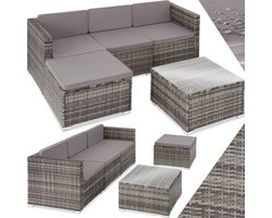 tectake® Wicker loungeset - Tuinmeubelset voor buiten met Bank, Fauteuil, Kruk en Tafel - Variabel Combineerbaar - Weerbestendige Tuinset - Voor 3-4 Personen - Balkonmeubilair - Tuinlounge - Terrasmeubilair - Grijs