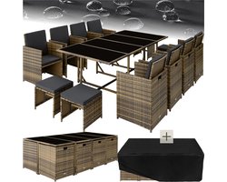 tectake® Wicker Loungeset - Weerbestendige Polyrotan Tuinset voor 12 Personen - 8 Tuinstoelen, 4 Krukken, 1 Tuintafel - Incl. Beschermhoes en 20 Kussens - Voor Tuin, Balkon, Terras - Ruimtebesparend op te bergen - Bruin/Grijs