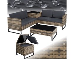 tectake® - Wicker loungezitgroep, tuinmeubelset met bank - Tafel met glazen blad, opbergbox - Weerbestendig - Tuin-, balkon-, terras- of wintertuinmeubels - natuurkleur