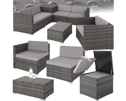 tectake® Wicker Loungset - 5 Personen - Zitgroep met Kussenopbergbox - Tafel met glazen blad - Weerbestendig - Vrij te groeperen Tuinset - Loungebank voor de Tuin - Balkonmeubel - Grijs
