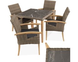 tectake® Wicker meubelset - 4 stoelen en 1 tafel - Moderne en weerbestendige stoelen (Draagkracht 150 kg) met eettafel in marmerlook ((LxBxH) 93,5 x 93,5 x 75 cm) - Eetkamer lounge - Tuinmeubelen voor balkon, terras en buitenkeuken - Lichtbruin