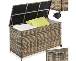 tectake® Wicker Opbergbox - 253 L - Kussenbox voor Buiten - Tuinbox - 116 x 54 x 64 cm - Weerbestendig en Afsluitbaar met Deksel - Verrijdbaar - Inclusief 2 Handgrepen, 2 Wielen met Rem en Gasveren - Tuinkist - Beige