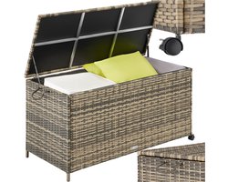 tectake® Wicker opbergbox - Outdoor kussenbox - Uitneembare binnenzak - Weerbestendig en afsluitbaar met deksel - Verrijdbaar - Inclusief 2 handgrepen, 2 wielen met rem en gasveren - Inhoud 297 l - Afmeting (LxBxH) 117 x 54 x 64 cm - Beige