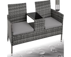 tectake® Wicker Tuinbank met Tafel - 2-zits - 131 x 61 x 82 cm - Bank inclusief Kussen - Grijs - 2 Tuinstoelen in 1 Tuinmeubel