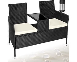 tectake® Wicker Tuinbank met Tafel - 2-zits Tuinstoelen - 133 x 63 x 84 cm - UV- en Weerbestendige Bank voor Tuin, Balkon en Terras - Tuinbank inclusief Zitkussen - Zwart/Beige