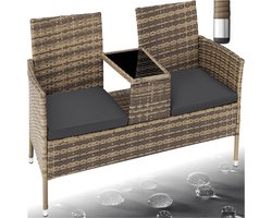 tectake® - wicker tuinbank met tafel, 2-zitsbank, 131 x 61 x 82 cm, bank voor tuinbalkon en terras, tuinbank inclusief zitkussen - natuur/donkergrijs - poly-rattan
