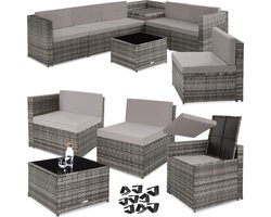 tectake® Wicker tuinlounge - Loungeset - Tuinset - Balkonmeubels - Vrij te groeperen - Tuinmeubelset inclusief bijzettafel, opbergbox en zit- en rugkussens - Zithoogte 41,5 cm - Grijs