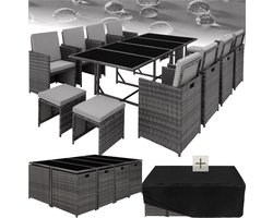 tectake® - Wicker tuinloungeset - Polyrotan tuinmeubelset, 8+4+1 zitgedeelte, 8 stoelen, 4 krukken, 1 tafel - Incl. beschermhoes, voor tuin, balkon, terras - grijs/lichtgrijs
