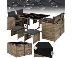 tectake® Wicker Tuinset - 8 Personen - 4 Tuinstoelen - 1 Tuintafel - 4 Krukken - Weerbestendig en Ruimtebesparend op te bergen - Inclusief Beschermhoes en 12 Kussens - Wicker Loungeset voor Balkon, Tuin en Terras - Natuurkleur