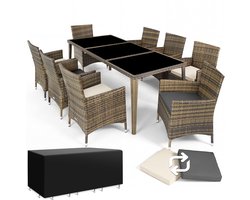 tectake® Wicker Tuinset - 8 Personen - 8 stoelen - 1 Tuintafel met glasplaten - Incl. beschermhoes en 2 sets kussenhoezen - Afm. tafel ca. 190x90x75 (LxBxH) - Natuur