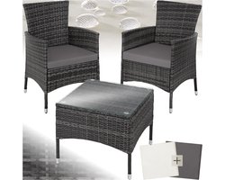 tectake® Wicker Tuinset met Verwisselbare Hoezen - 2 Tuinstoelen en Tuintafel met Glazen Blad - Loungestoelen met Armleuningen - Tuinmeubelset - Balkonmeubilair - Grijs