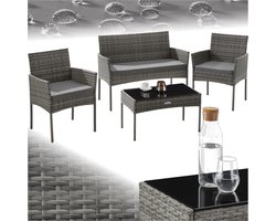 tectake® Wicker Tuinset Palese - Zitgroep voor 4 Personen - Tuinmeubelset met Loungebank, Tuintafel en 2 Tuinstoelen inclusief Zitkussens - Loungeset - Waterafstotende Tuinmeubelen - Grijs