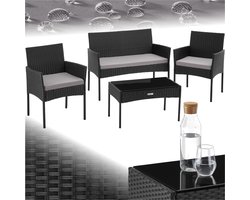 tectake® - Wicker tuinset Palese - Zitgroep voor 4 personen - Tuinmeubelset met loungebank, tuintafel en 2 tuinstoelen inclusief zitkussens - Tuinmeubelen - Waterafstotend - Zwart