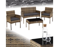 tectake® - Wicker tuinset Palese - Zitgroep voor 4 personen - Tuinmeubelset met loungebank, tuintafel en 2 tuinstoelen inclusief zitkussens - Tuinmeubelen - Waterafstotend - Grijs