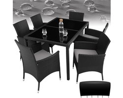 tectake® Wicker Tuinset Porto - Voor 6 Personen - Balkonmeubel - Tuinmeubelset met Tafel en 6 Stoelen - Zitgroep voor Tuin, Terras en Balkon - Inclusief Kussens en Beschermhoes - Zwart/Grijs - Wicker Set