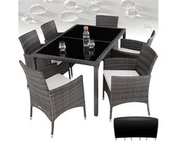 tectake® Wicker Tuinset Porto - Voor 6 Personen - Balkonmeubel - Tuinmeubelset met Tafel en 6 Stoelen - Zitgroep voor Tuin, Terras en Balkon - Inclusief Kussens en Beschermhoes - Grijs - Wicker Set